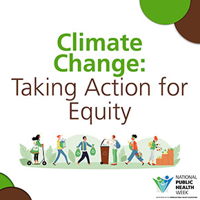 Climate Change: Taking Action for Equity, figures recycling, walking, composing, etc.