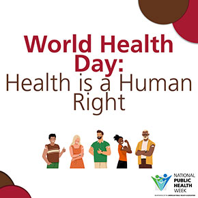 World Health Day: Health is a Human Right, five people showing vaccination bandages