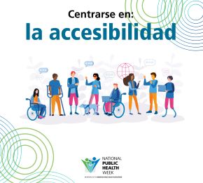 Centarse en: la accessibilidad, with illustrations of diverse people of varying abilities, the NPHW logo below and a design of concentric circles around