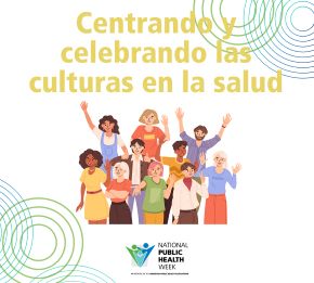 Centrando y celebrando las culturas en la salud, with an illustration a of diverse group people smiling and making celebratory gestures, the NPHW logo below and a design of concentric circles around