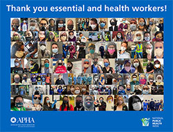 Thank you essential and health workers! Collage of masked people